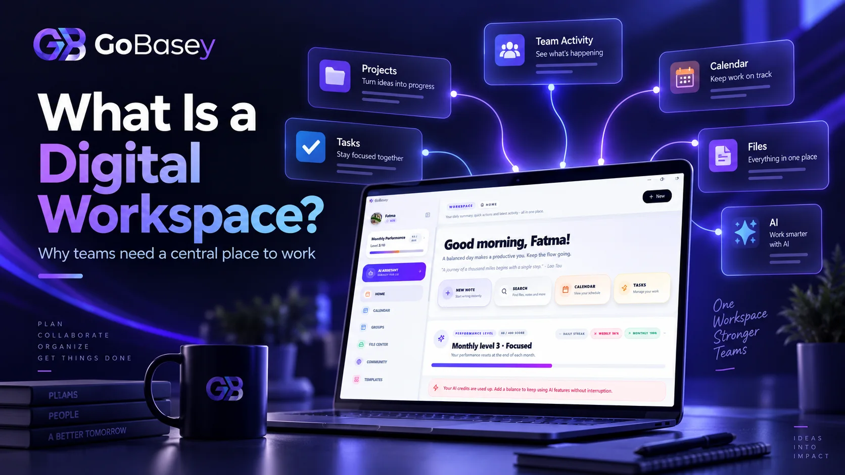 GoBasey digital workspace showing projects, tasks, files, team activity, and AI tools in one centralized work environment.